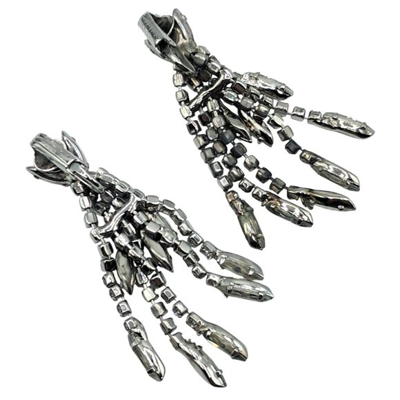 Vintage Weiss Rhinestone Earrings Long Dangle Layered Clip-On Earrings Signed Je - Picture 6 of 6
